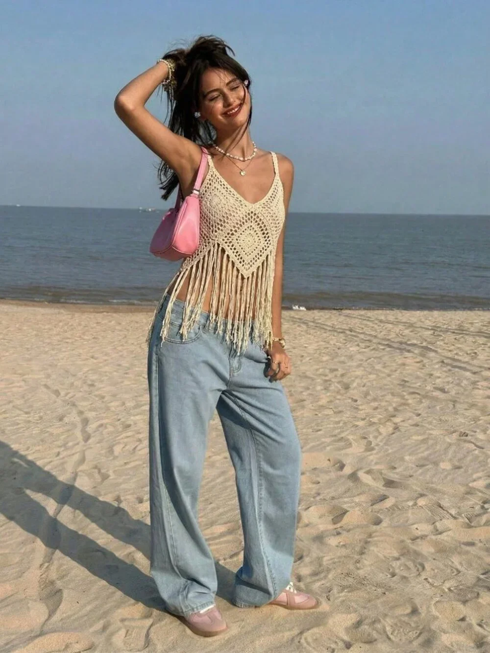 Apricot Casual Knit Women's Hollow crochet Fringe top